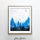 Akwarela oryginalna A5 "Zimowy Krajobraz", niepowtarzalny obraz ręcznie malowany, śnieg, zima, świerki, biały puch, niebieski