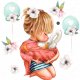 Dziewczynka z gąską, pastelowe kwiatki, baloniki - Naklejka na ścianę