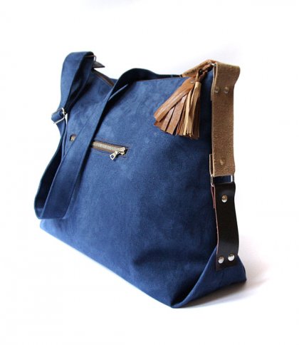 torba - navy blue&leather&flowers- ZAM�WIENIE