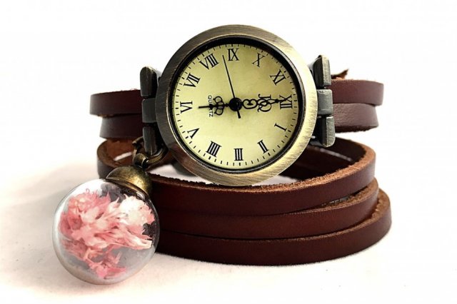 Skórzany zegarek z suszonymi kwiatami - Egginegg