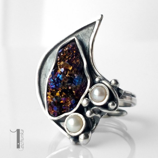 Invaerne I srebrny pierścionek z kwarcem tytanowym i perłą