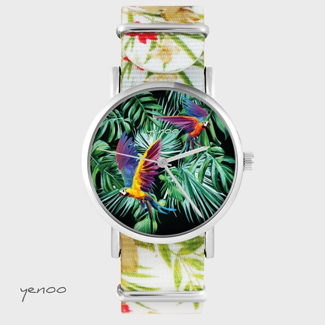 Zegarek - Papugi, tropikalny - kwiaty, nato, biały
