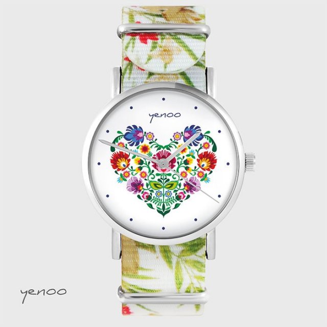 Zegarek - Serce folkowe - kwiaty, nato, biały