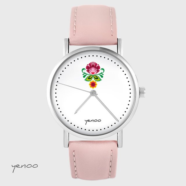 Zegarek - Folkowy kwiat - skórzany, pudrowy róż