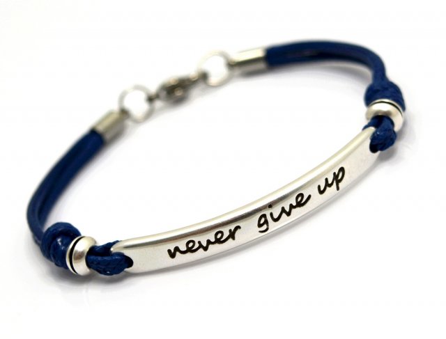bransoletka NEVER GIVE UP navy blue (cyna+stal)
