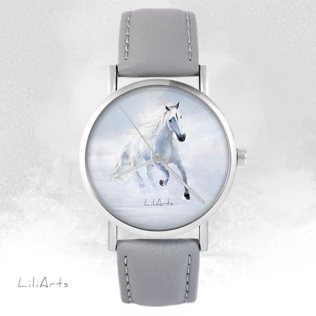 Zegarek - Biały koń biegnący - szary, skórzany