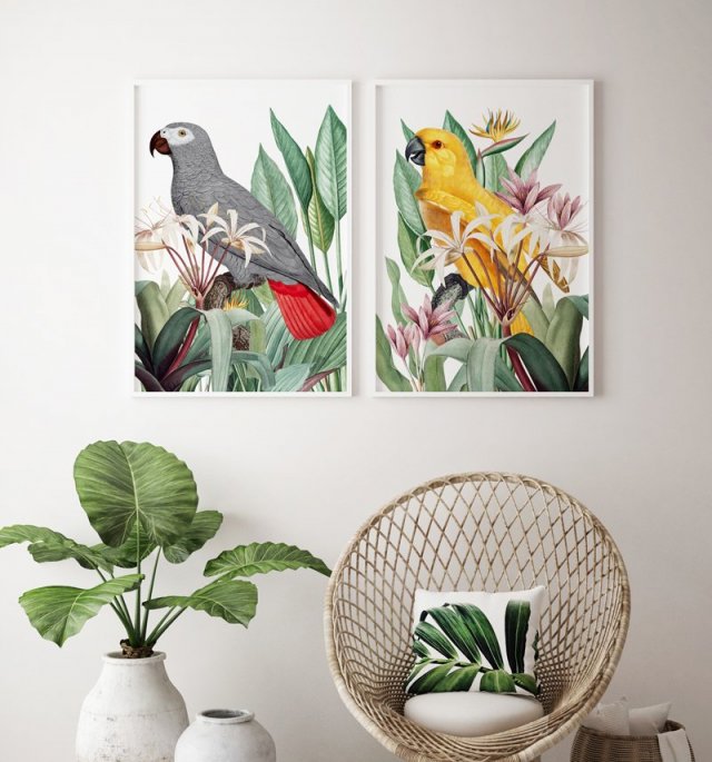 Zestaw plakatów obrazów papugi w kwiatach A4