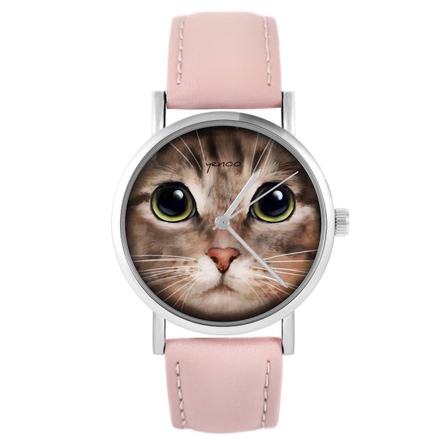 Zegarek - Kot tygrysek - pudrowy róż, skórzany