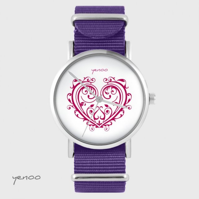Zegarek - Serce ornamentowe - fioletowy, nylonowy