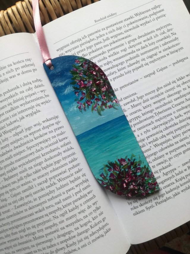 Drewniana zakładka do książki ręcznie malowana rajskie kwiaty personalizacja