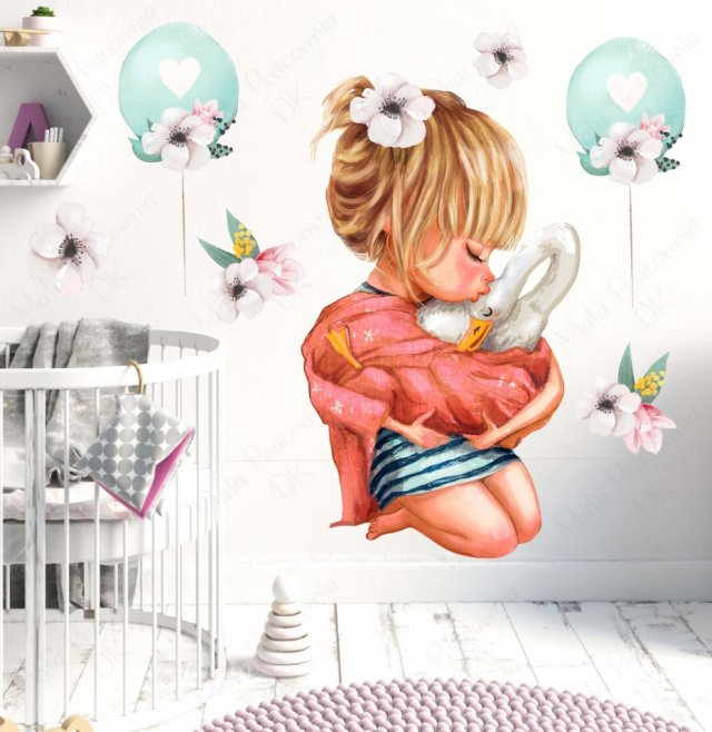 Dziewczynka z gąską, pastelowe kwiatki, baloniki - Naklejka na ścianę