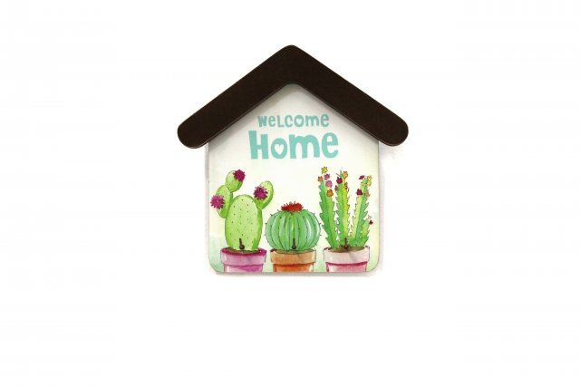 Drewniany wieszak na klucze "Welcome home", kwitnące kaktusy