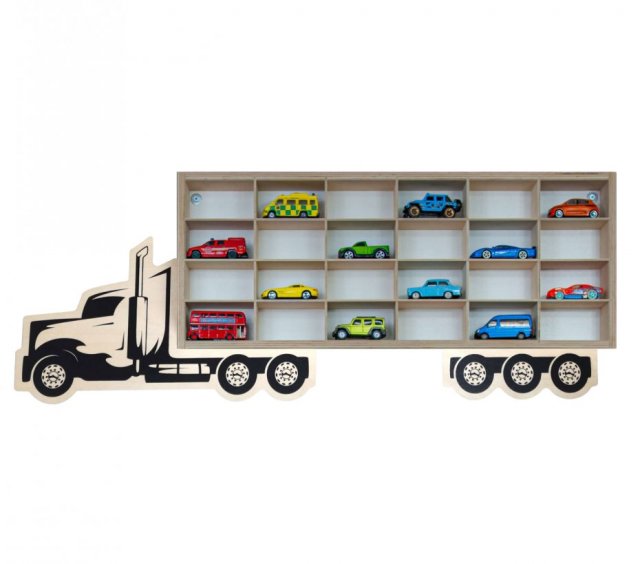 Drewniana półka w kształcie Tira na autka Hot Wheels / Oryginalny garaż na Resoraki oraz samochodziki Matchbox - WERSJA 1