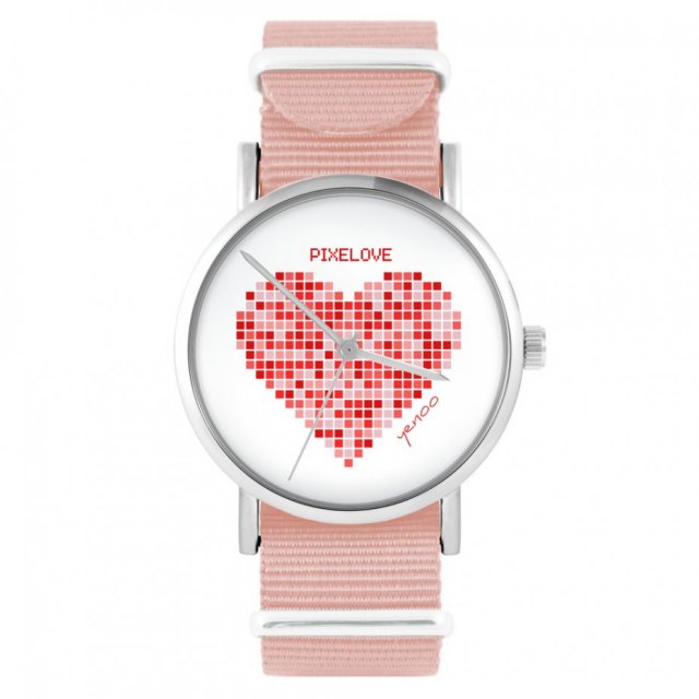 Zegarek - Serce pixelove - brzoskwiniowy róż, nylonowy