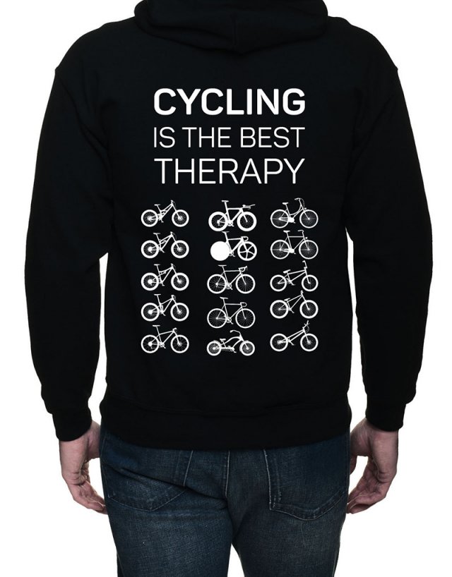 Bluza z kapturem, rozpinana. Cycling is the best therapy | dwustr. nadruk