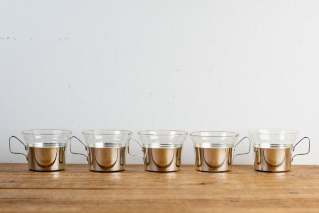 Szklane filiżanki do kawy, herbaty, szklanki w koszyczkach, zestaw 5 szt.