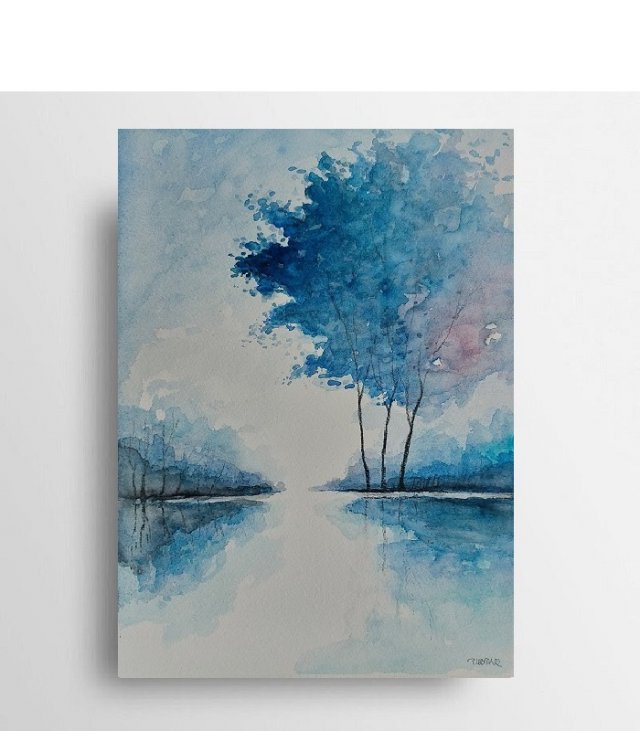 Niebieskie drzewa - obraz  akwarela