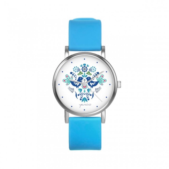Zegarek mały - Folkowe ptaszki blue - silikonowy, niebieski