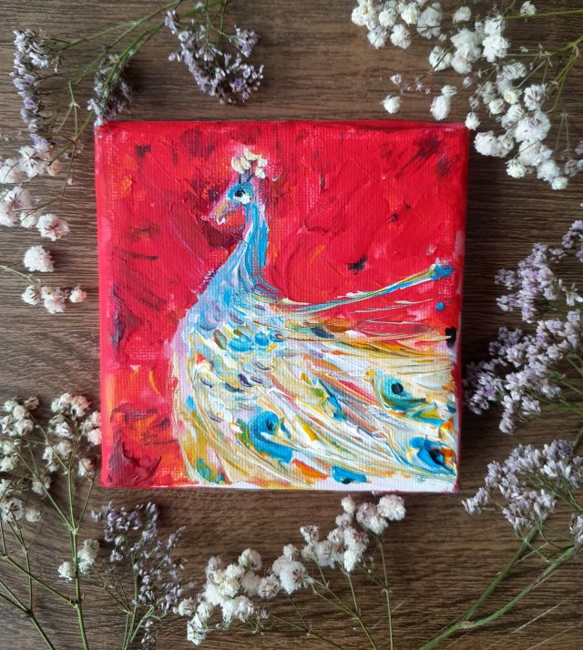 Mini obraz ręcznie malowany "Ptak" paw piękne ptaki prezenty