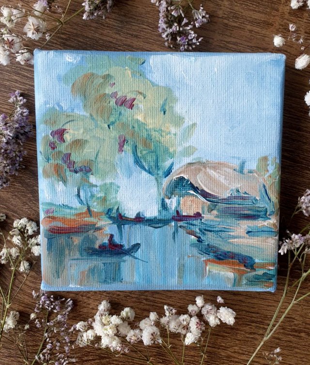 Mini obraz ręcznie malowany rzeka pejzaż domek prezent pamiątka