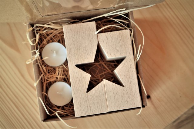 Drewniane świeczniki, zestaw prezentowy na święta, Boże narodzenie z drewna, gwiazdka