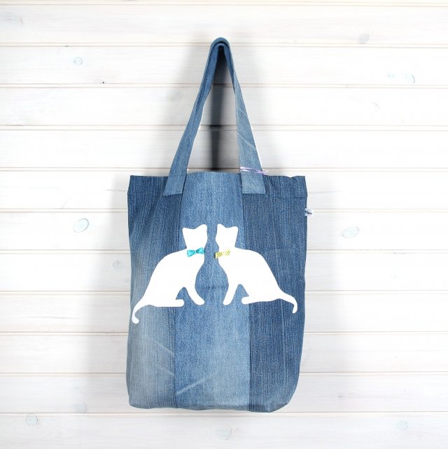 Ekologiczna dżinsowa torba na zakupy dwa koty