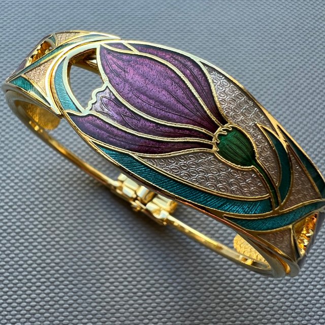Vintage Sea Gems - Art Nouveau Bracelet ❀ڿڰۣ❀ Krokusy w emalii ❀ڿڰۣ❀ Sztywna bransoleta