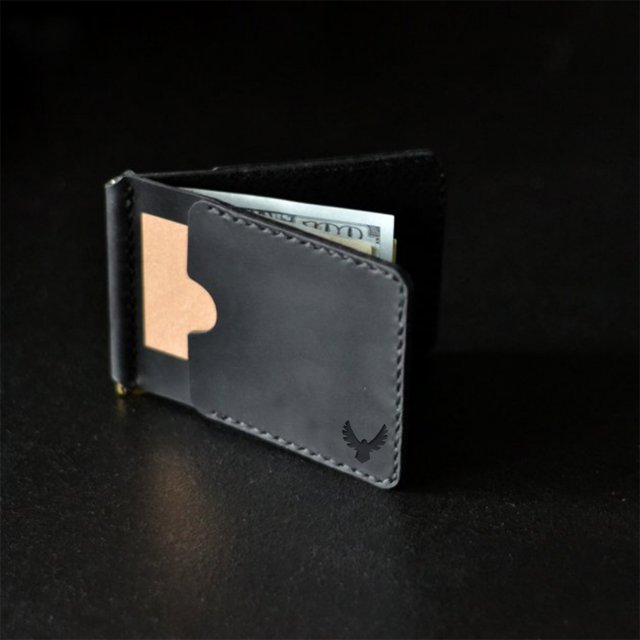 Portfel na karty z klipsem na banknoty skórzany czarny ręcznie robiony