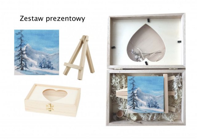 Pudełko drewniane+obraz ręcznie malowany góry zima