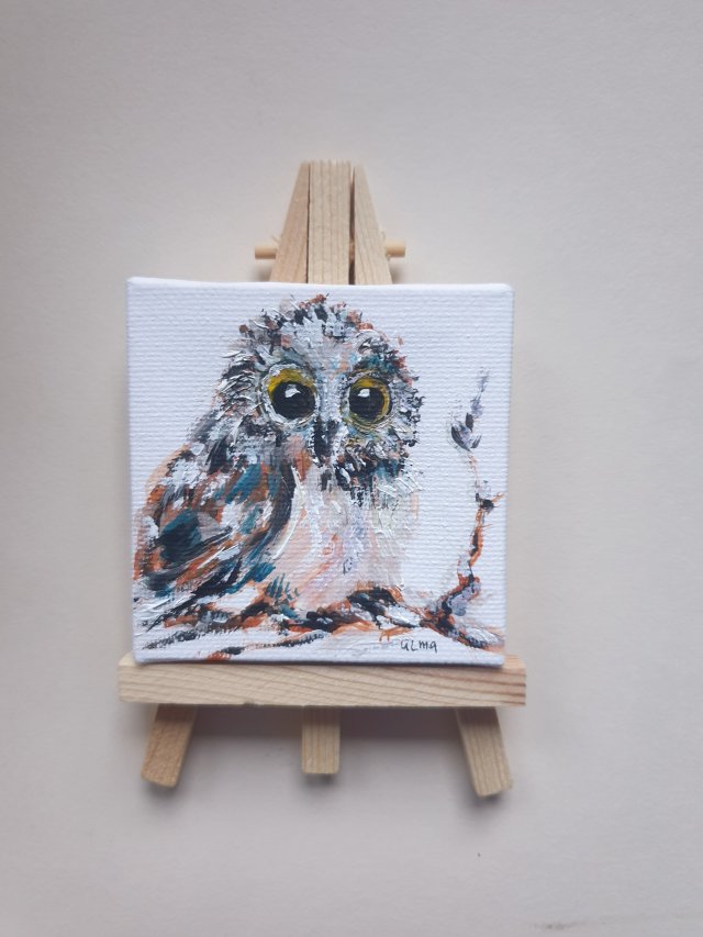 Mini obraz ręcznie malowany ptak sowa