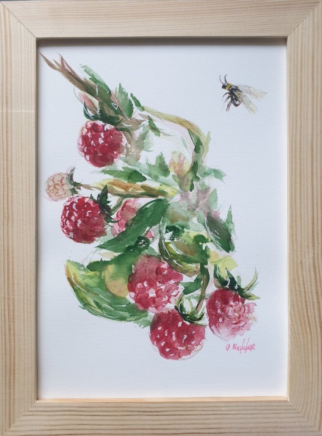 Obraz ręcznie malowany "Maliny"+rama pszczoły