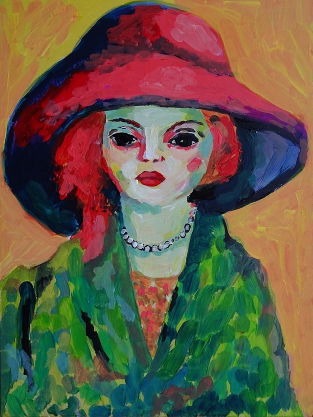 obraz do salonu kolorowy kobieta w kapeluszu