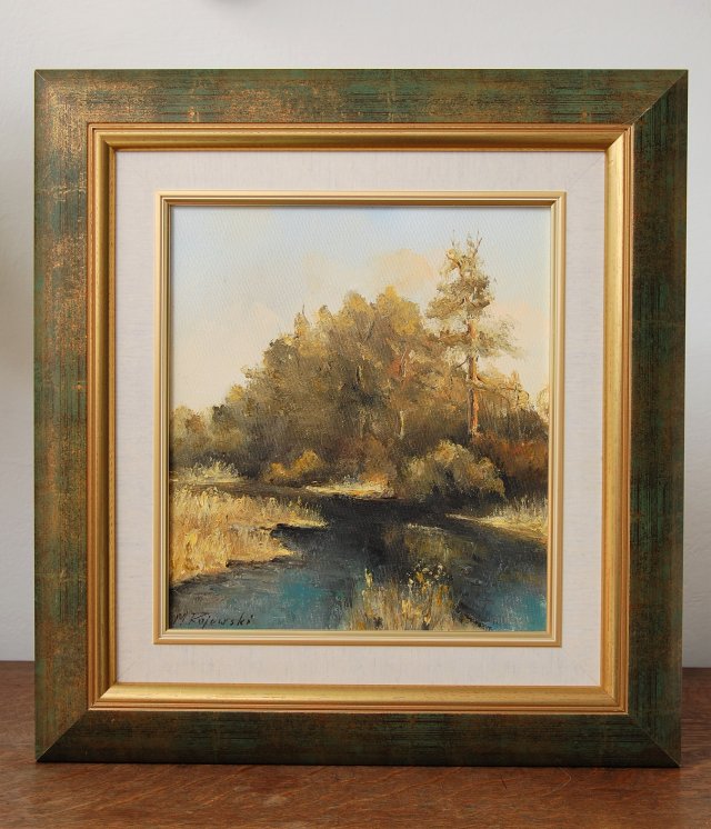 Pejzaż, las, rzeka, obraz olejny na płótnie, M. Rojewski
