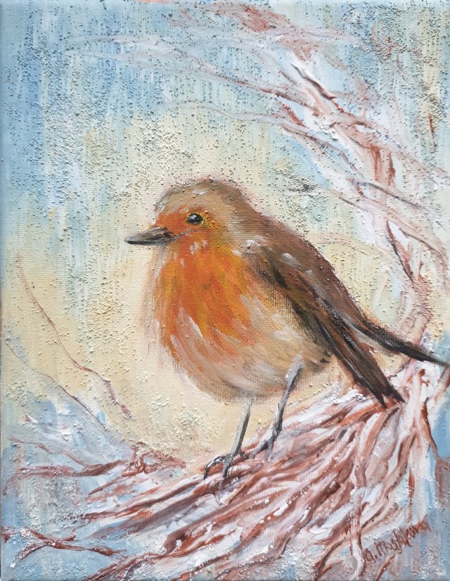 Obraz ręcznie malowany Ptak 18x24 rudzik