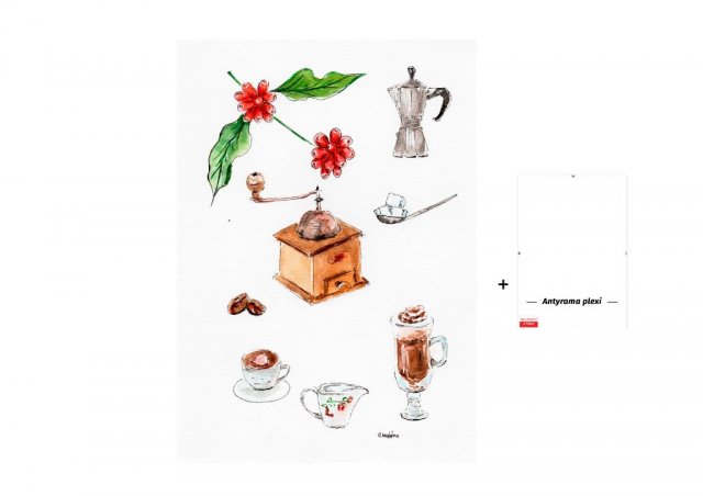 Obraz Akwarela ręcznie malowana +antyrama kawa kawiarka kartki
