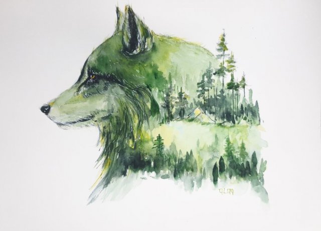 Akwarela ręcznie malowana Wilk las pejzaż góry + rama