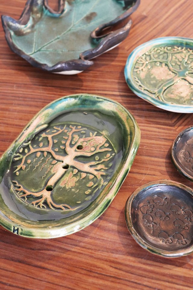 Mydelniczka zielona ceramiczna Drzewo życia, akcesoria do łazienki, ceramiczna, wzory, turkusowa
