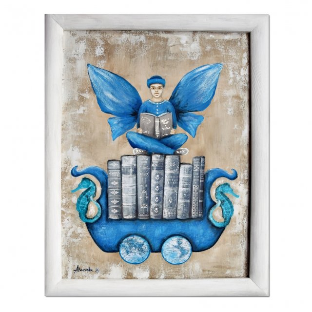 Anioł Bibliofil 14, oryginalny obraz ręcznie malowany, collage, w drewnianej ramie