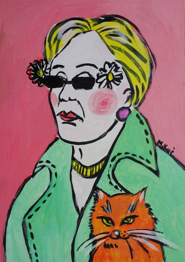 obraz do salonu portret babci z  rudym kotkiem