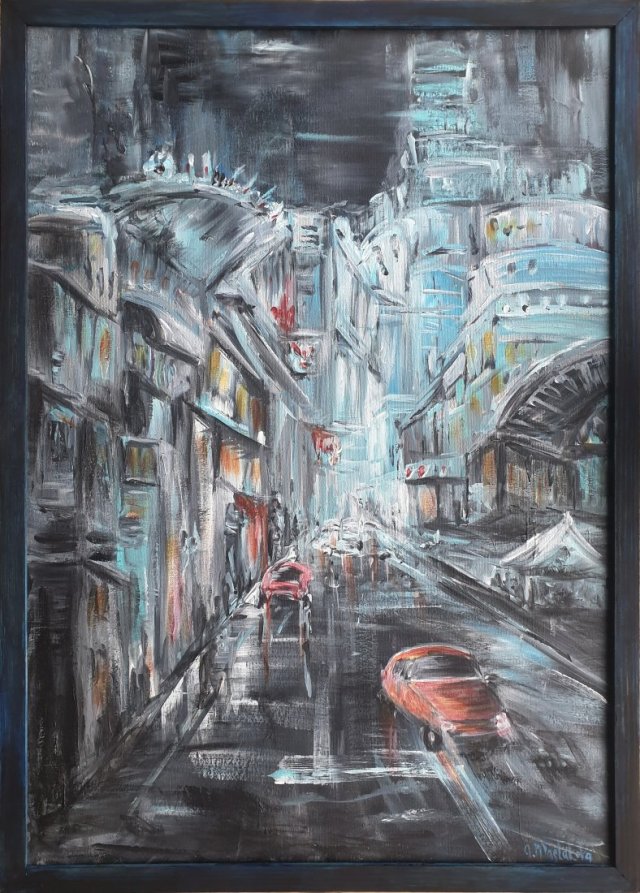 Obraz ręcznie malowany 50x70 Miasto abstrakcja uliczki+ rama