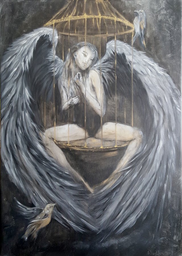 Obraz ręcznie malowany autorski Oryginał 50x70 Anioł skrzydła klatka