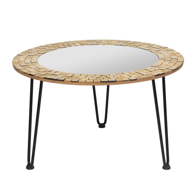 Stolik złoty kawowy, stolik okrągły złoty, stolik z lustrem, mozaika, zdobiony, nogi metalowe, średnica 70 cm, Cirella, BALMAKO