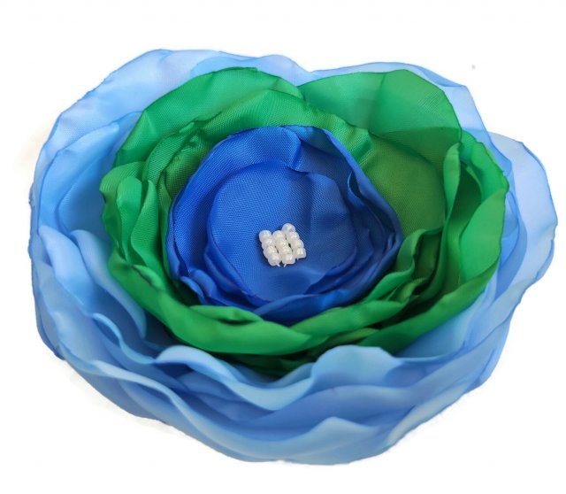 Duża broszka niebieska z zielenią kwiatek kwiat 12cm