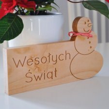 Świąteczny bałwanek z drewna z tabliczką "Wesołych Świąt"