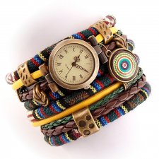 Zegarek- bransoletka w stylu folkowym zielono- zółto- brązowy