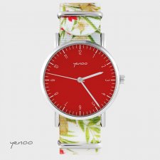 Zegarek - Simple elegance, czerwony - kwiaty, nato, biały