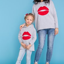 KOMPLET dla mamy i córki - bluza z kapturem i aplikacją ust, jasnoszary