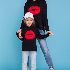 KOMPLET dla mamy i córki - bluza z kapturem i aplikacją ust, czarny
