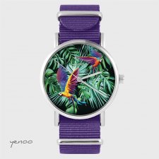 Zegarek - Papugi, tropikalny- fioletowy, nato, palmy, liście