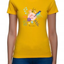 koszulka damska. kwiaty i ptaki